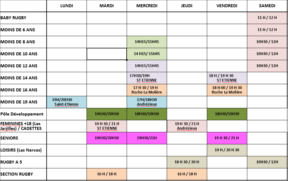 Planning entraînements RCAB Rugby Club Andrézieux Bouthéon